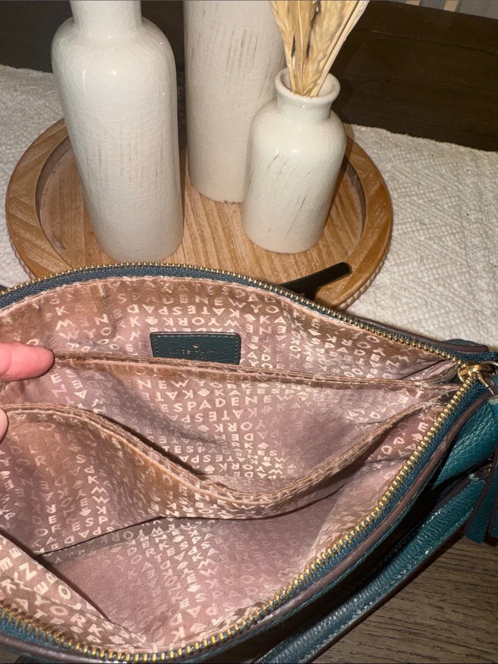 kate spade Teal Pebbled Leather Double-Zip Crossbody with Gold Hardware